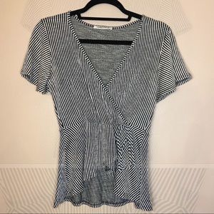 CAUTION TO THE WIND BLACK & WHITE STRIPED PEPLUM WRAP FLOWY SHORT SLEEVE SHIRT